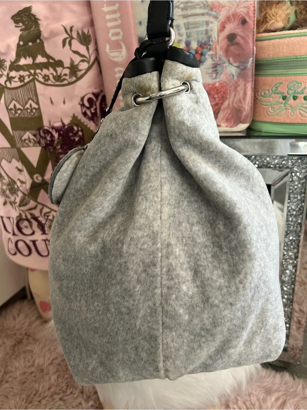 Y2K Vintage 2010 Juicy Couture Gray Velour Large Hobo Bag Darling Of Couture
